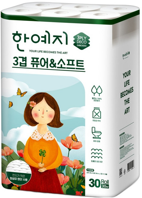 한예지 3겹 퓨어 앤 소프트 데코 화장지, 30m, 30개입, 1개