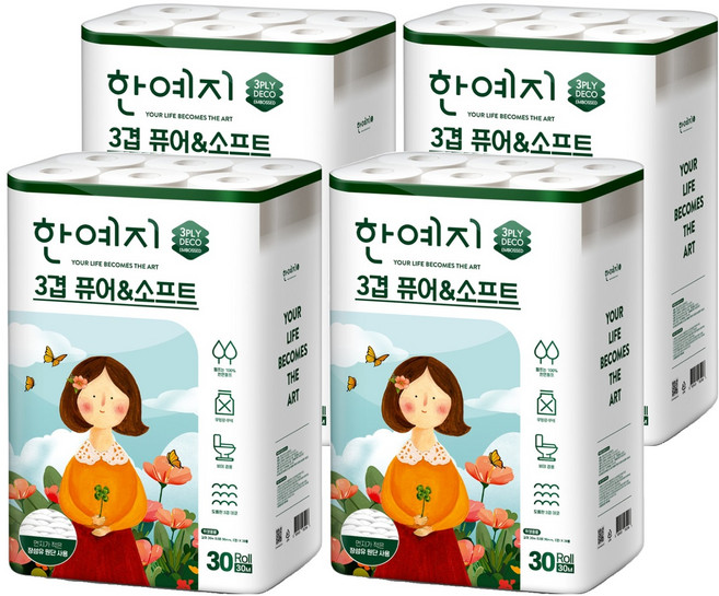 한예지 3겹 퓨어 앤 소프트 데코 화장지, 30m, 30개입, 4개