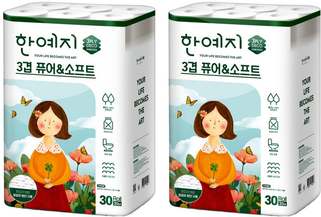 한예지 3겹 퓨어 앤 소프트 데코 화장지, 30m, 30개입, 2개
