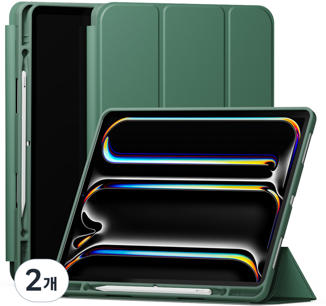 신지모루 신지폴리오 스마트커버 애플펜슬 수납 태블릿 케이스, 딥그린, 2개