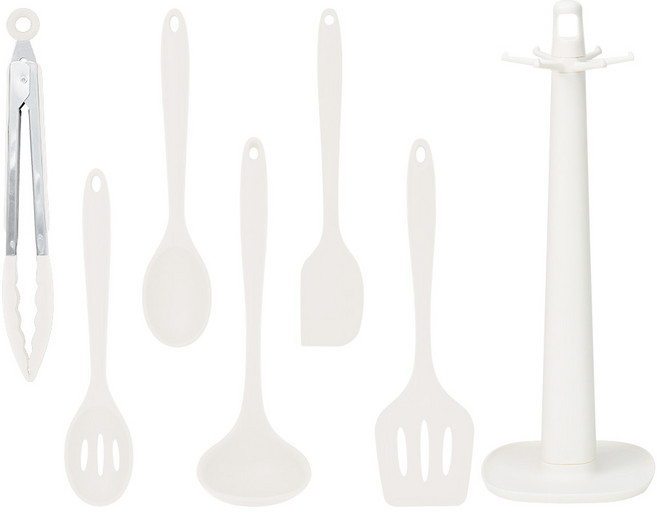 인블룸 실리콘 조리도구 키친툴 국자 + 건지기 + 집게 + 요리스푼 + 스파츌라 + 뒤집개 + 스탠드 세트, 7종, 아이보리, 1개