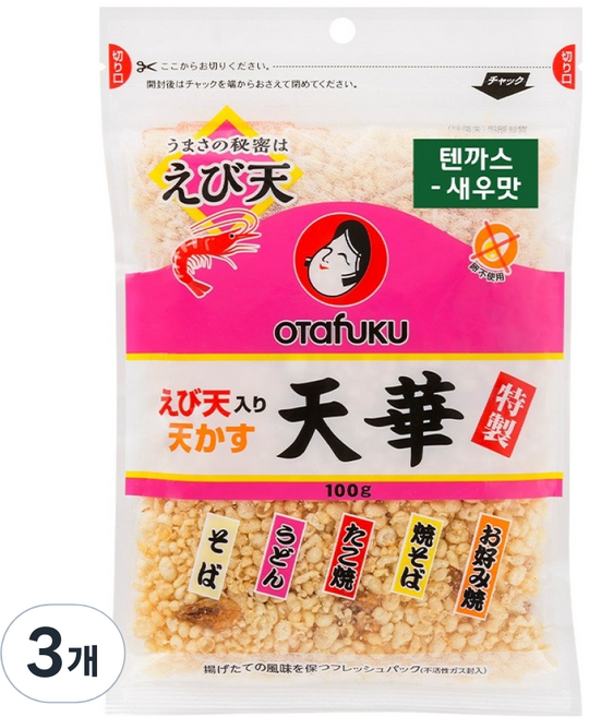 오타후쿠 텐까스 새우맛 우동 후레이크, 3개, 100g
