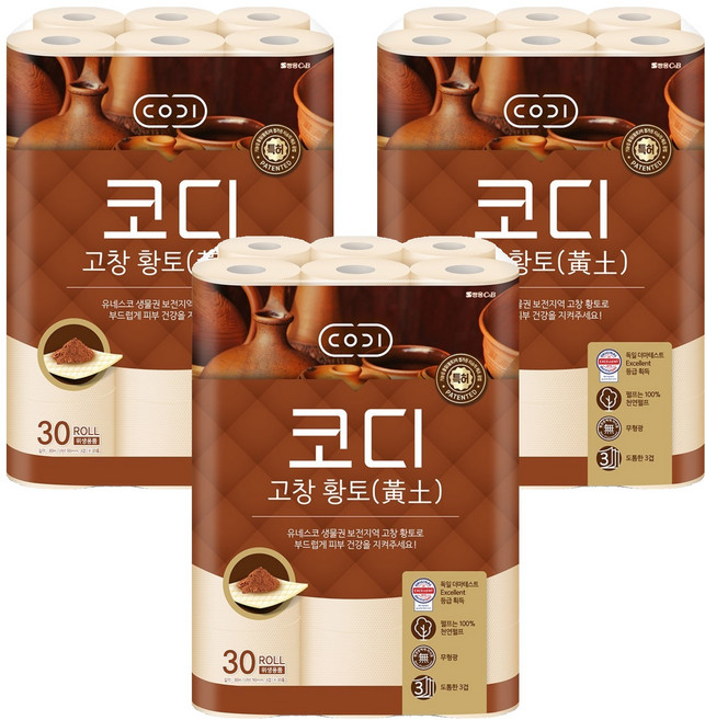 코디 천연펄프 3겹 고창 황토 롤화장지, 30m, 30개입, 3개