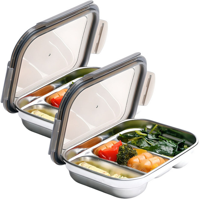 심볼라 프레쉬락 스텐 밀폐용기 나눔식판 직사각 3구 S, 2개, 360ml