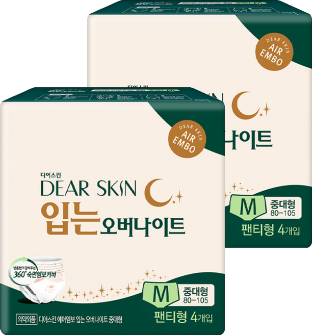 디어스킨 에어엠보 입는 오버나이트 생리대 팬티형, 중대형, 4개입, 2개