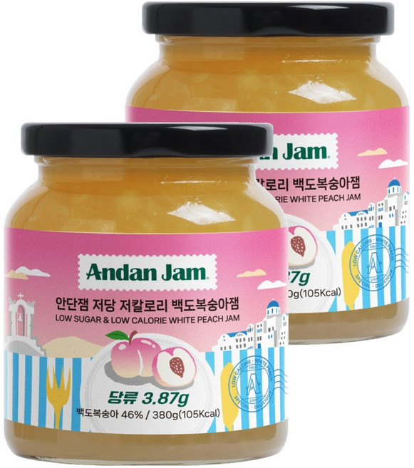 안단잼 저당 저칼로리 백도복숭아잼, 380g, 2개