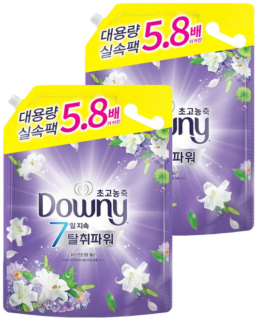 다우니 7일 탈취파워 초고농축 대용량 섬유유연제 화이트티와 릴리 리필, 4.1L, 1개입, 2개