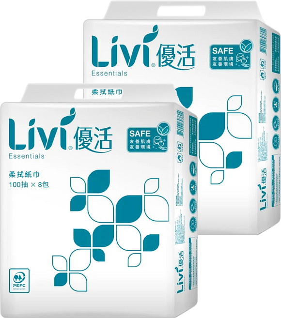LIVI 優活 抽取式柔拭紙 100抽 x 8包 紙張細膩柔滑 高效吸水性, 2袋