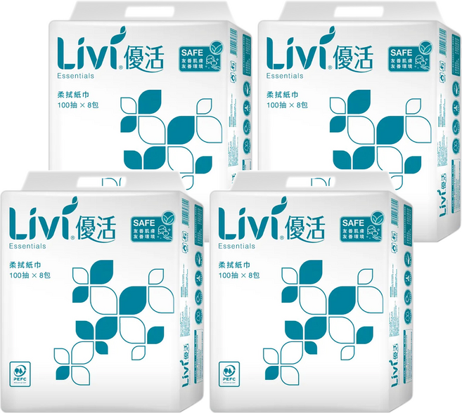 LIVI 優活 抽取式柔拭紙 100抽 x 8包 紙張細膩柔滑 高效吸水性, 4袋