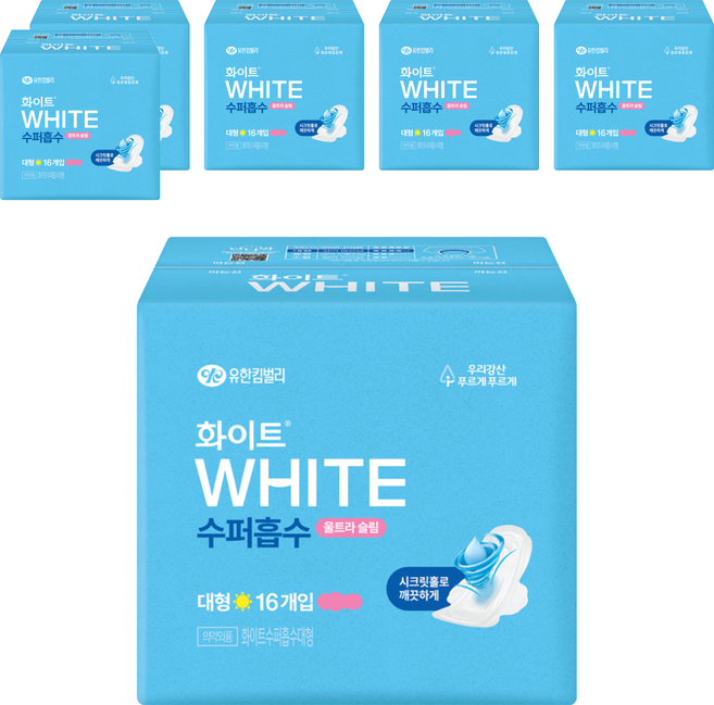화이트 수퍼흡수 울트라슬림 생리대 날개형, 대형, 16개입, 6개