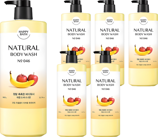 해피바스 내추럴 정말 촉촉한 바디워시 애플 앤 바나나향, 900g, 6개