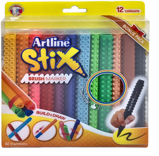 Shachihata 寫吉達 Artline STIX 積木色筆套裝 12色 Bonus Pack 刷毛筆, 1盒