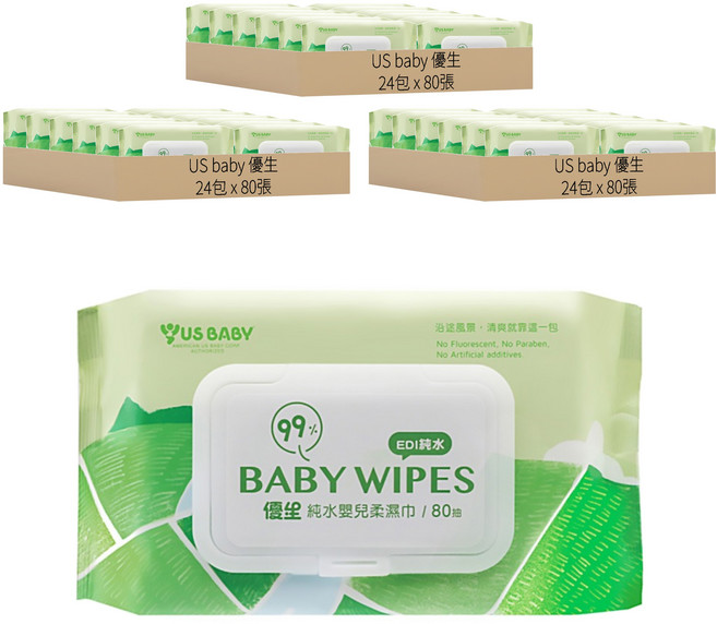 US baby 優生 純水嬰兒柔濕巾 清爽型 80張, 1入, 72包