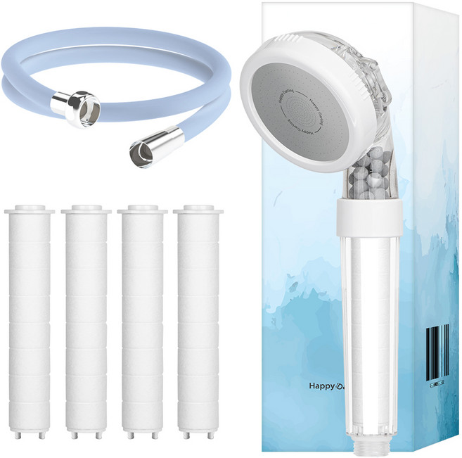해피달링 3WAY 필터 샤워기 + 필터 4개 + 리플랜 샤워호스 2m 세트, 1세트, 베이비블루