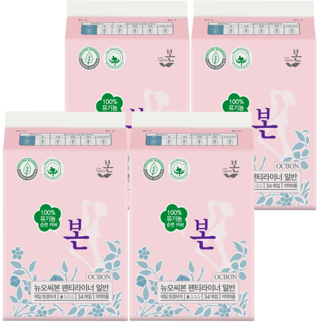 유기농본 제이본 팬티라이너, 일반, 34개입, 4개
