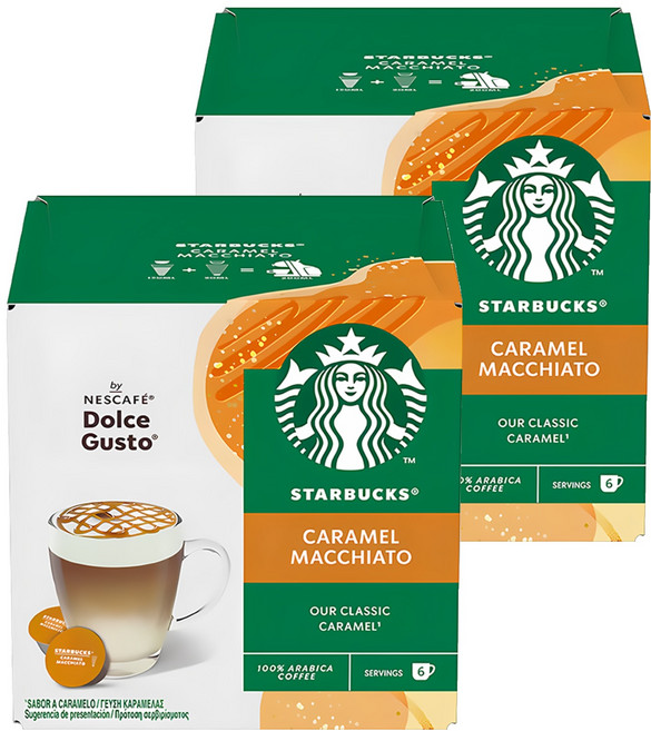 STARBUCKS 星巴克 NESCAFE 雀巢咖啡 Dolce Gusto 多趣酷思 焦糖瑪奇朵咖啡膠囊 咖啡膠囊5.5g 6顆 + 牛奶膠囊15.8g 6顆, 2盒, 21.3g, 12顆