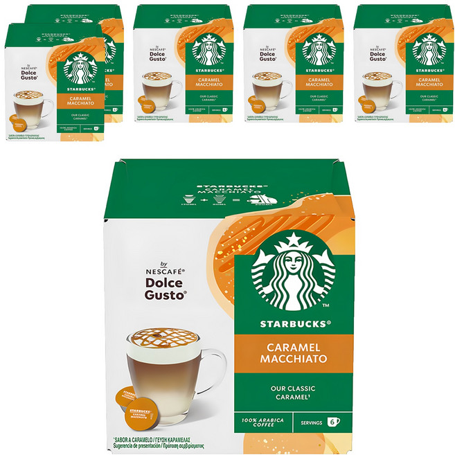 STARBUCKS 星巴克 NESCAFE 雀巢咖啡 Dolce Gusto 多趣酷思 焦糖瑪奇朵咖啡膠囊 咖啡膠囊5.5g 6顆 + 牛奶膠囊15.8g 6顆, 6盒, 21.3g, 12顆