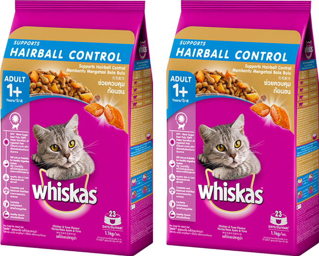 whiskas 偉嘉 成貓 化毛配方 乾飼料, 雞肉 + 鮪魚, 1.1kg, 2袋