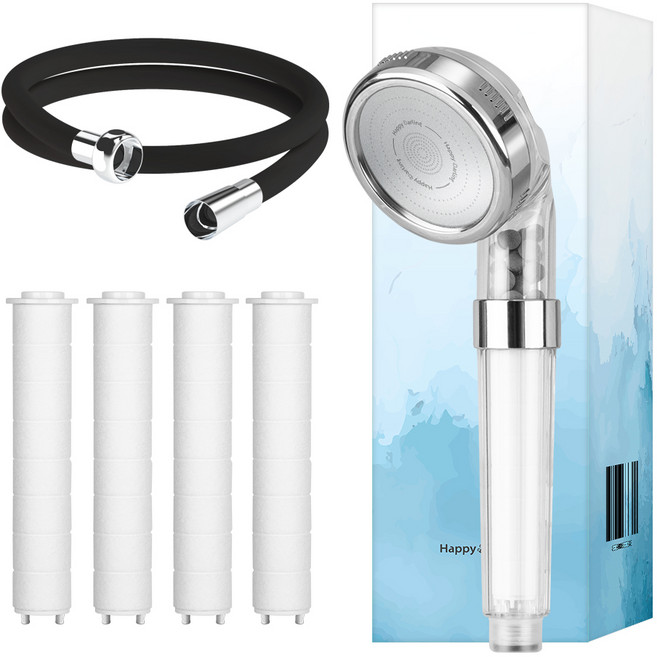 해피달링 미네랄 4단 샤워기 헤드 + 필터 4p + 샤워기 호스 2m 세트, 1세트, 리플랜 블랙