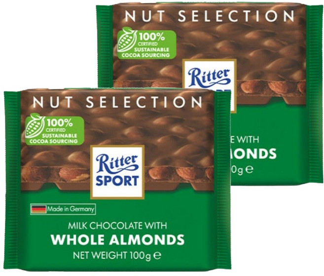 Ritter Sport 杏仁果牛奶巧克力片, 100g, 2包