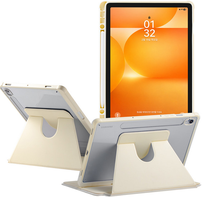 누아트 갤럭시탭 펜슬 수납 가로 세로 거치대 360도 스마트 턴 커버 케이스, 크림, 1개