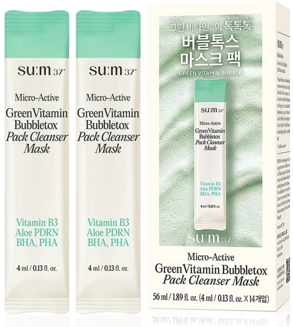 숨37도 마이크로액티브 그린 비타민B3 버블톡스 팩 클렌저 마스크 56ml, 1개입, 14개 - 쿠팡