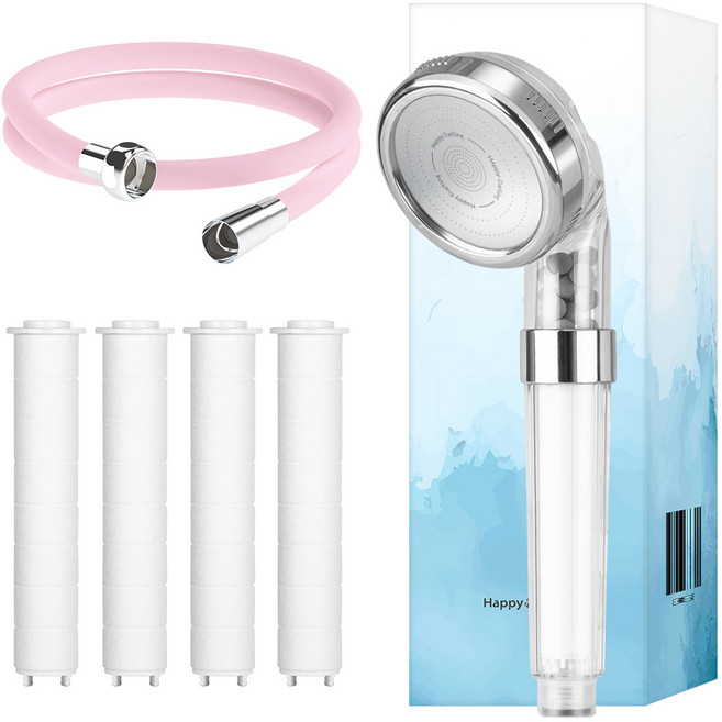 해피달링 미네랄 4단 샤워기 헤드 + 필터 4p + 샤워기 호스 2m 세트, 1세트, 코튼캔디 딸기