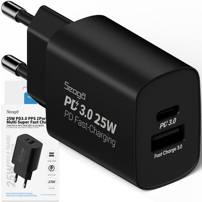 서가 C타입 초고속 충전기 어댑터 25W PD3.0 PPS 2포트 멀티, 블랙, 1개