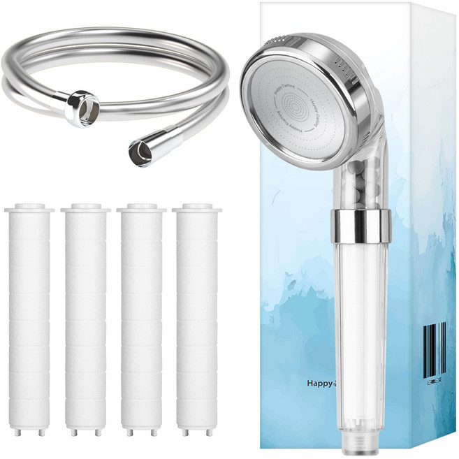 해피달링 미네랄 4단 샤워기 헤드 + 필터 4p + 샤워기 호스 2m 세트, 1세트, 리플랜 모던실버