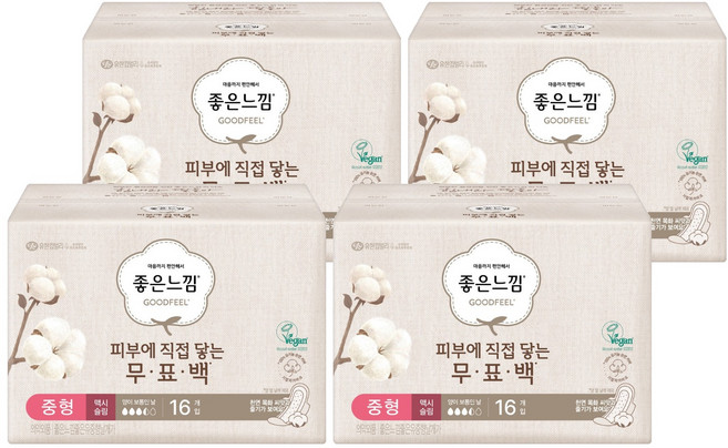 좋은느낌 무표백 유기농 순면커버 생리대 날개형, 중형, 16개입, 4개