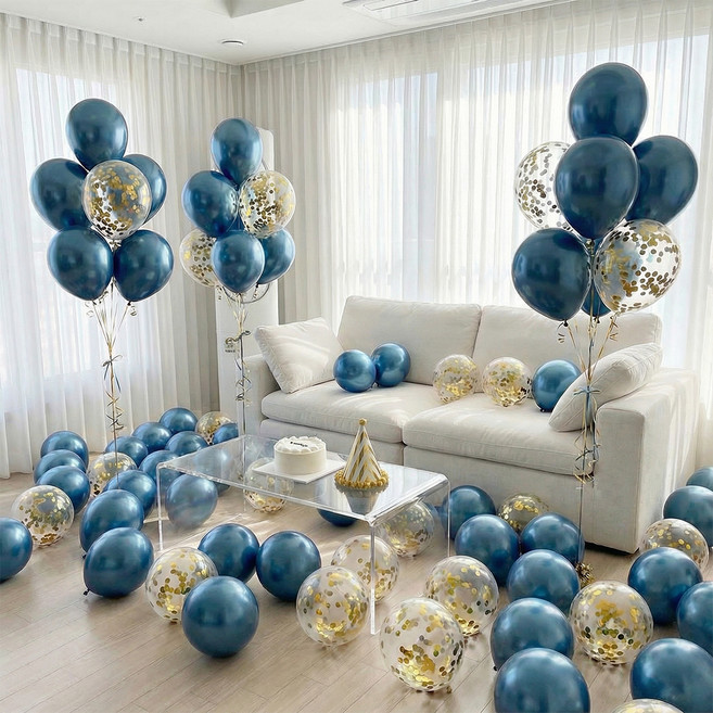 뷰라뷰 파티풍선 50p + 공기펌프 + 10m 리본 1롤, 01 블루 + 골드스팽글, 1세트