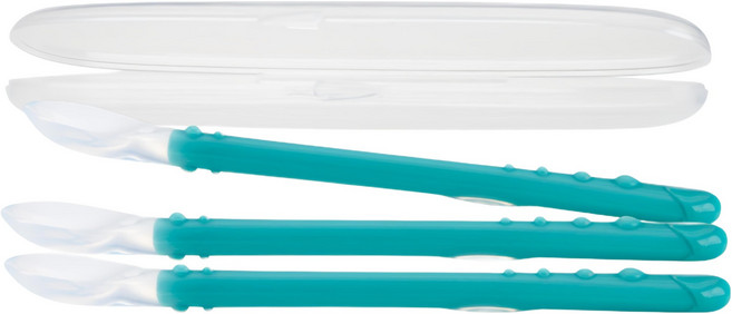 Nuby 矽膠長柄副食品湯匙組 湯匙*3支+收納盒*1個, 藍綠色, 1組