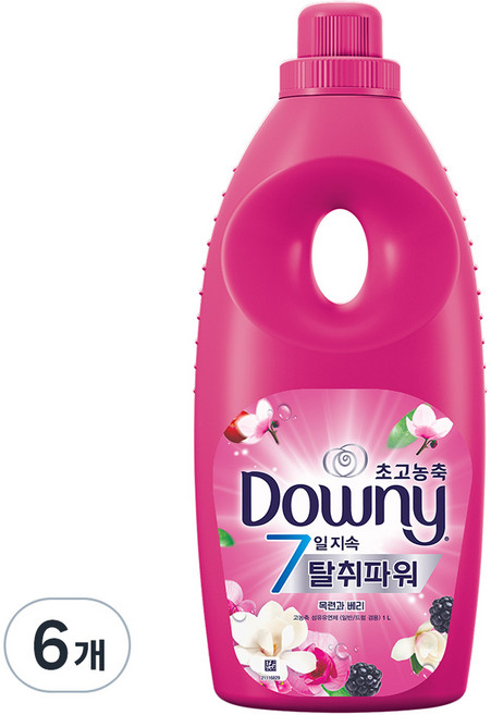 다우니 7일지속 탈취파워 초고농축 섬유유연제 목련과 베리향 본품, 1L, 6개