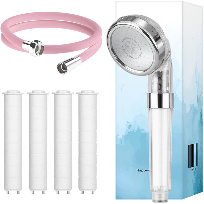 해피달링 미네랄 4단 샤워기 헤드 + 필터 4p + 샤워기 호스 2m 세트, 1세트, 리플랜 피치핑크
