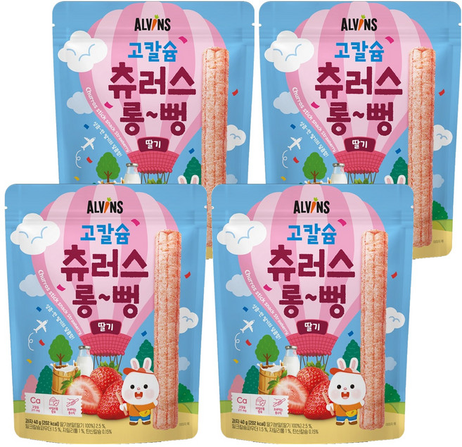엘빈즈 유아용 고칼슘 츄러스 롱뻥, 딸기맛, 40g, 4개