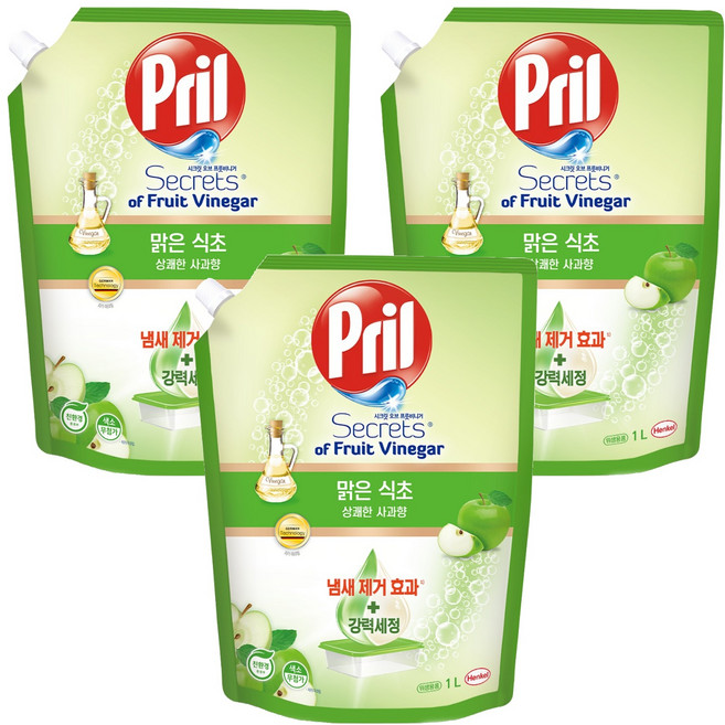프릴 시크릿 오브 맑은식초 상쾌한 사과향 주방세제 파우치, 1L, 3개