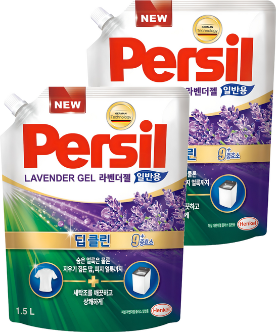 퍼실 딥클린 플러스 액상 세탁세제 라벤더젤 일반용 리필, 1.5L, 2개