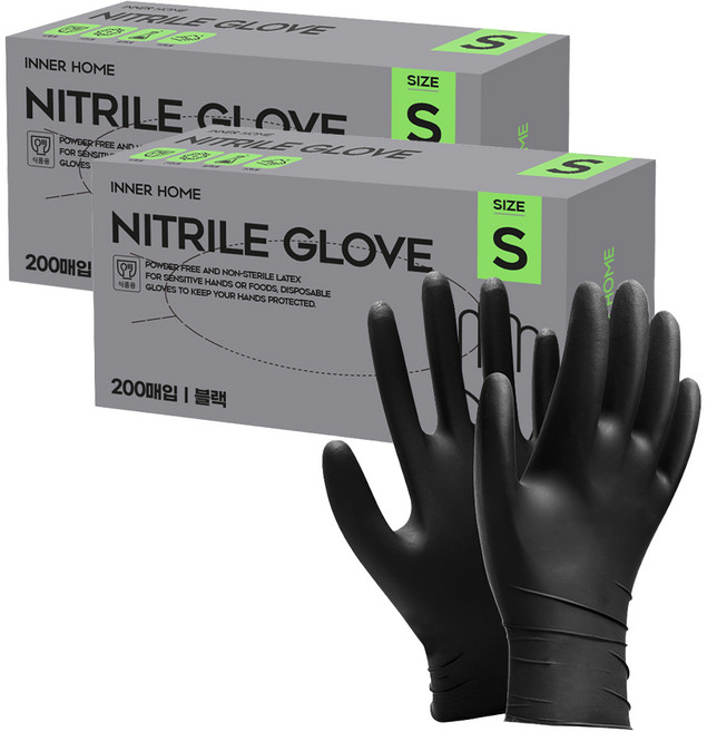 이너홈 니트릴 장갑 무분말타입 200p, 블랙, 소(S), 2개