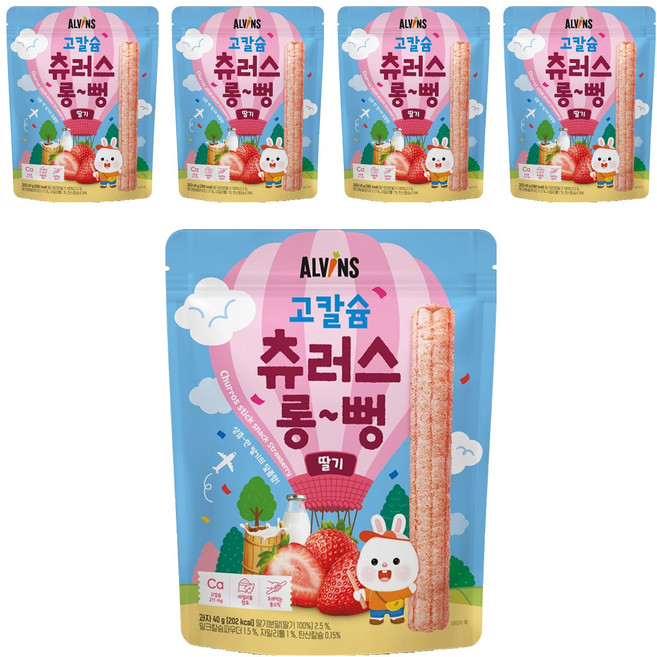 엘빈즈 유아용 고칼슘 츄러스 롱뻥, 딸기맛, 40g, 5개