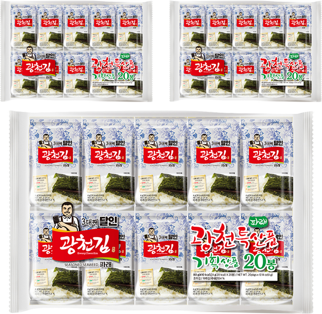 광천김 3대째 달인 파래 도시락김 20봉, 80g, 3개