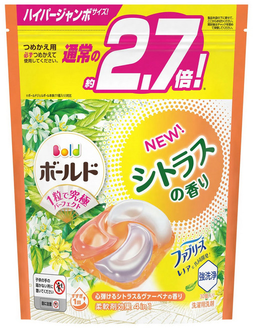Bold 日本原裝進口 4in1 超強洗淨4D洗衣膠囊補充裝 柑橘馬鞭草, 30顆, 1袋