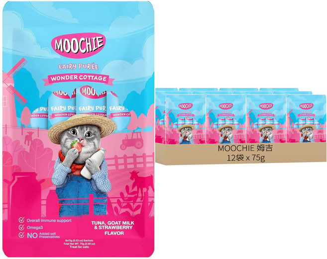 MOOCHIE 姆吉 全年齡貓肉泥系列 濃郁奶香, 鮪魚羊奶, 75g, 12袋