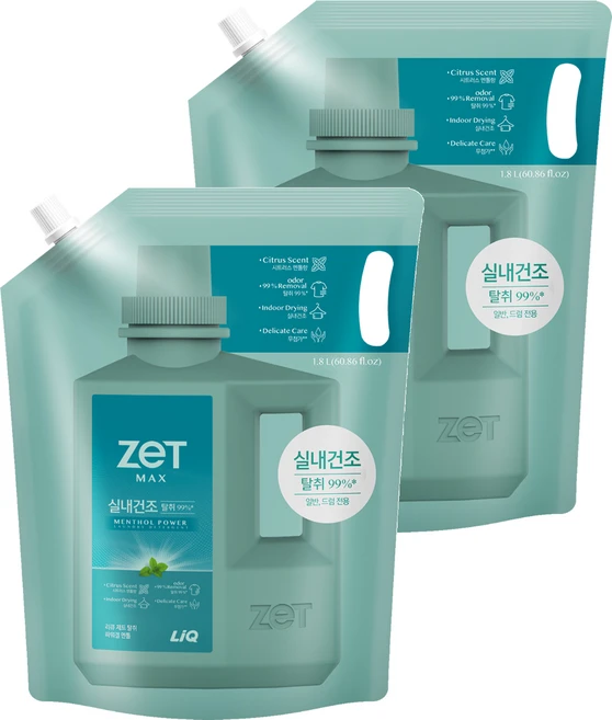리큐 제트 맥스 실내건조 탈취 파워겔 시트러스 멘톨향 액상세제 리필, 1.8L, 2개 - 쿠팡