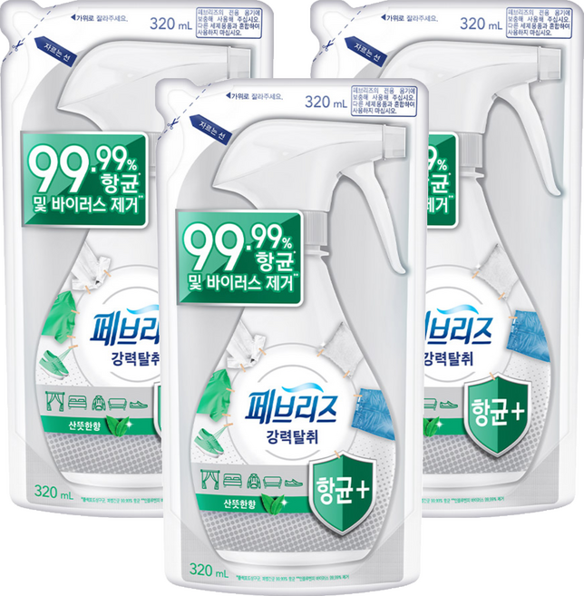 페브리즈 항균 플러스 섬유탈취제 산뜻한향 리필, 320ml, 3개