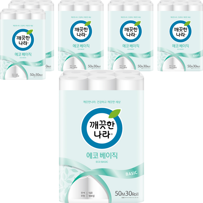 깨끗한나라 에코 베이직 2겹 롤화장지, 50m, 30개입, 6개