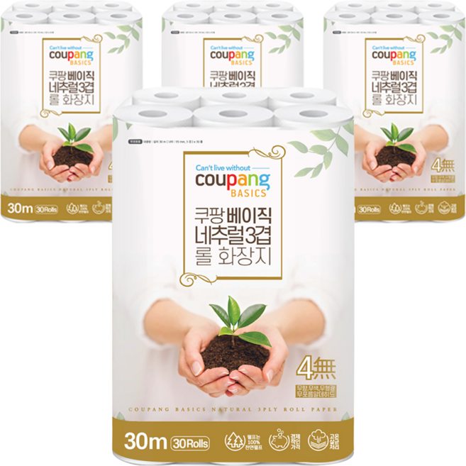쿠팡 베이직 천연펄프 3겹 롤 화장지, 30m, 30개입, 4개