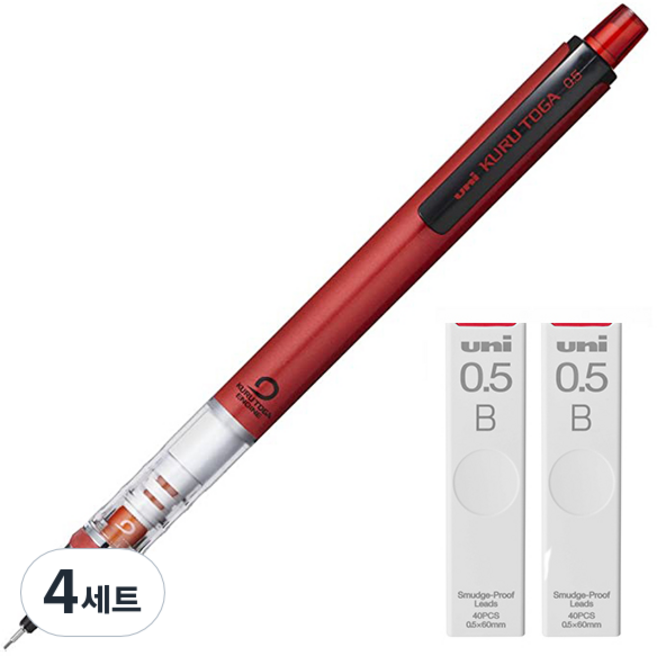 Uni 三菱鉛筆 KURU TOGA Kuru Toga 標準型自動鉛筆 紅色 M5-450 + Kuru Toga專用筆芯 B 2入組, 4套, 0.5mm