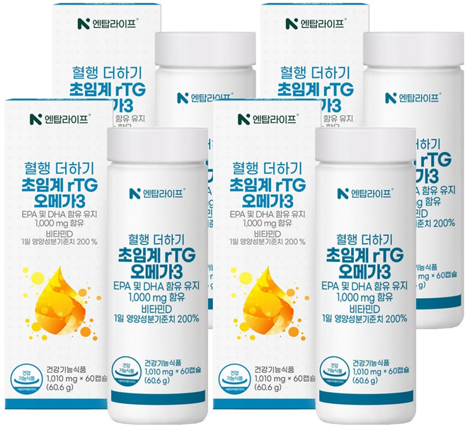 엔탑라이프 혈행 더하기 초임계 rTG 알티지 오메가3 60.6g, 60정, 4개