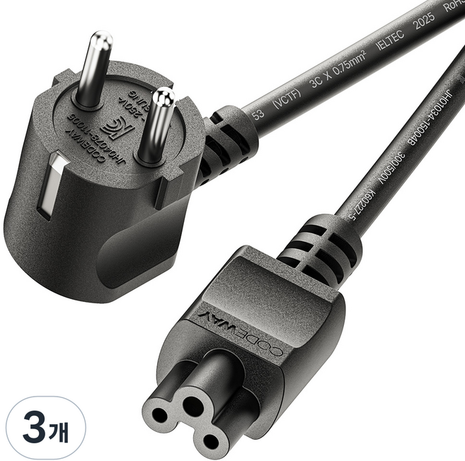 코드웨이 국산 AC 크로바 코드 전원케이블 블랙, 3개, 1.2m
