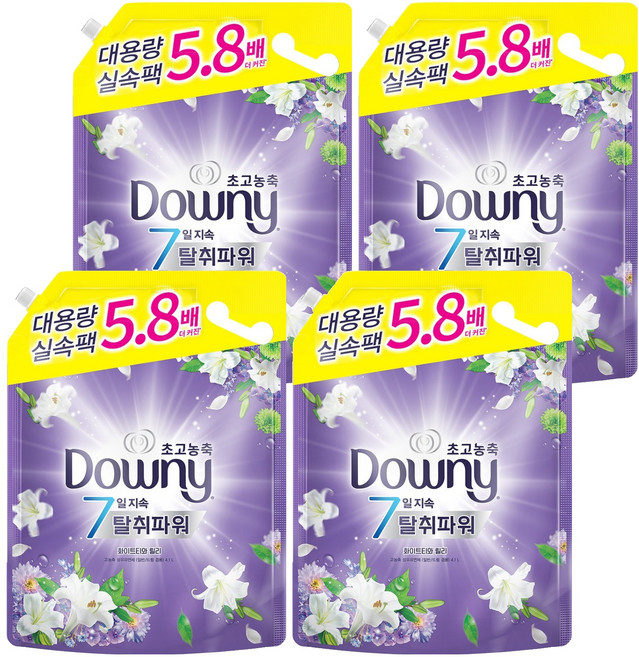 다우니 초고농축 7일지속 탈취파워 섬유유연제 화이트티와 릴리 리필, 4.1L, 1개입, 4개